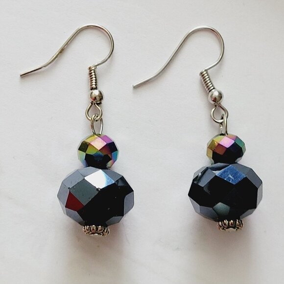 Hand Beaded Faceted Glass Drop Dangle Earrings Black Chinese Crystal Silver - Picture 5 of 7